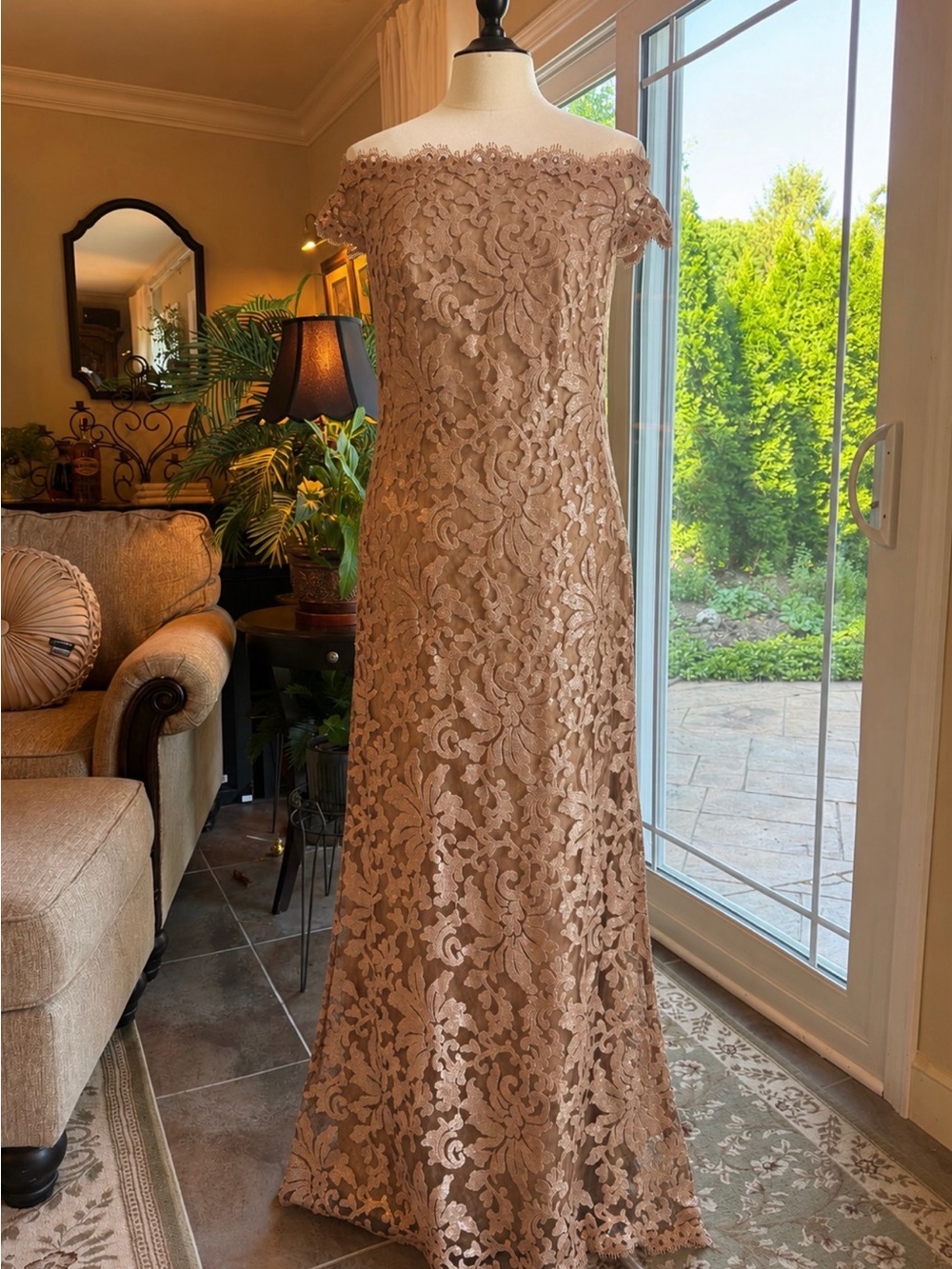 Tadashi Shoji Nude-Beige Sequined Lace Bodice Dress